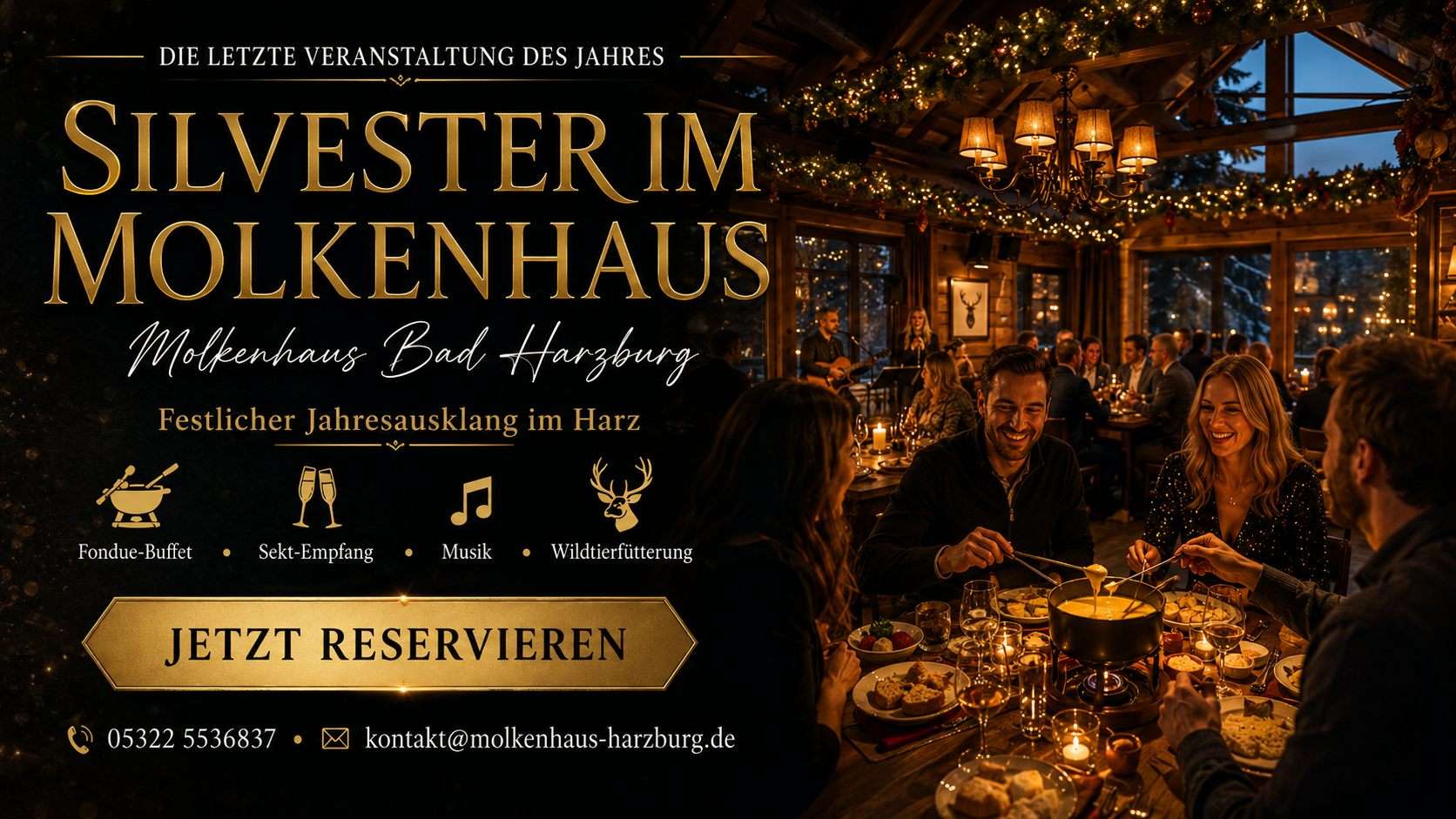 Silvester im Molkenhaus – Fondue-Buffet, Sektempfang, Musik und Wildtierbeobachtung